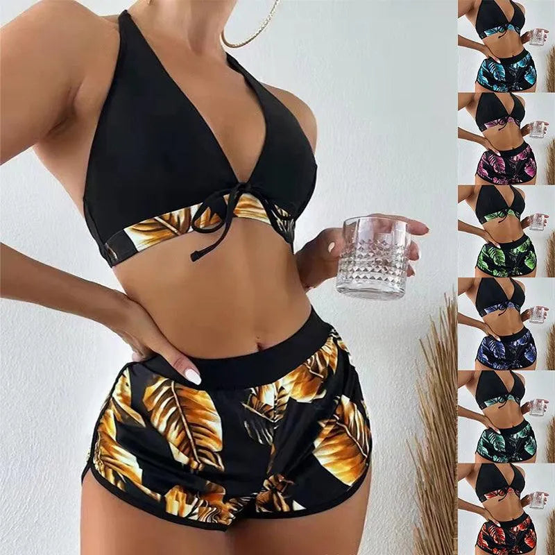 3pcs Leaf Print Bikini With Shorts Fashion Summer Beach Swimsuit Womens Clothing - EX-STOCK CANADA