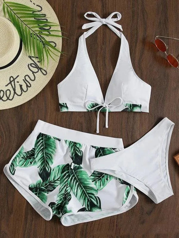 3pcs Leaf Print Bikini With Shorts Fashion Summer Beach Swimsuit Womens Clothing - EX-STOCK CANADA