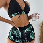 3pcs Leaf Print Bikini With Shorts Fashion Summer Beach Swimsuit Womens Clothing - EX-STOCK CANADA