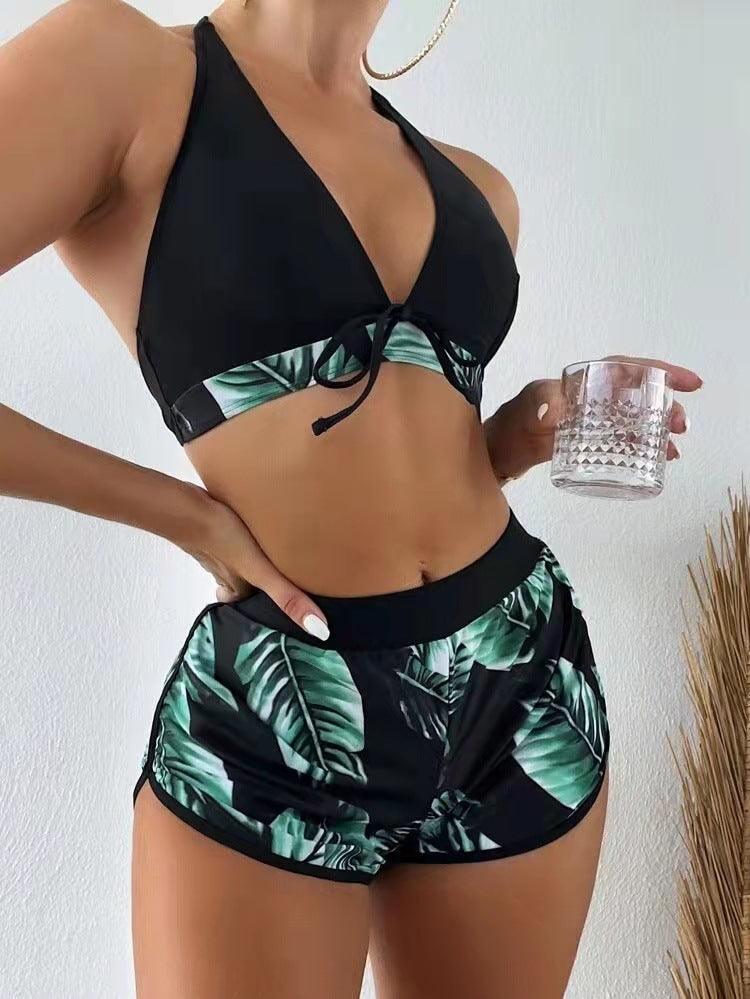 3pcs Leaf Print Bikini With Shorts Fashion Summer Beach Swimsuit Womens Clothing - EX-STOCK CANADA