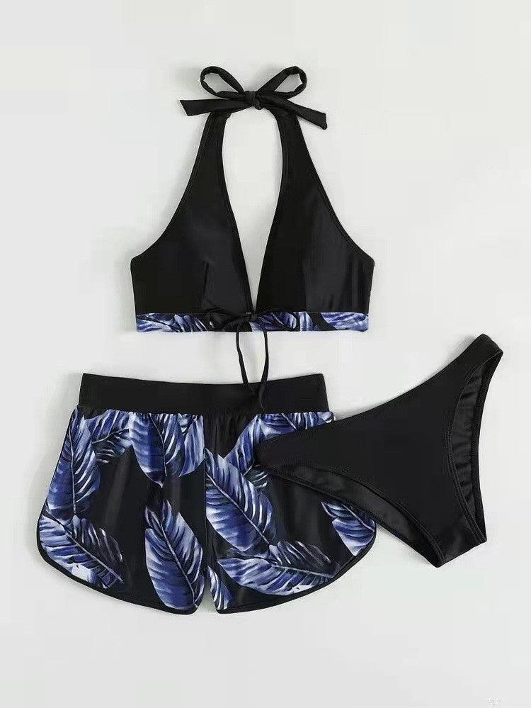 3pcs Leaf Print Bikini With Shorts Fashion Summer Beach Swimsuit Womens Clothing - EX-STOCK CANADA