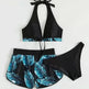 3pcs Leaf Print Bikini With Shorts Fashion Summer Beach Swimsuit Womens Clothing - EX-STOCK CANADA