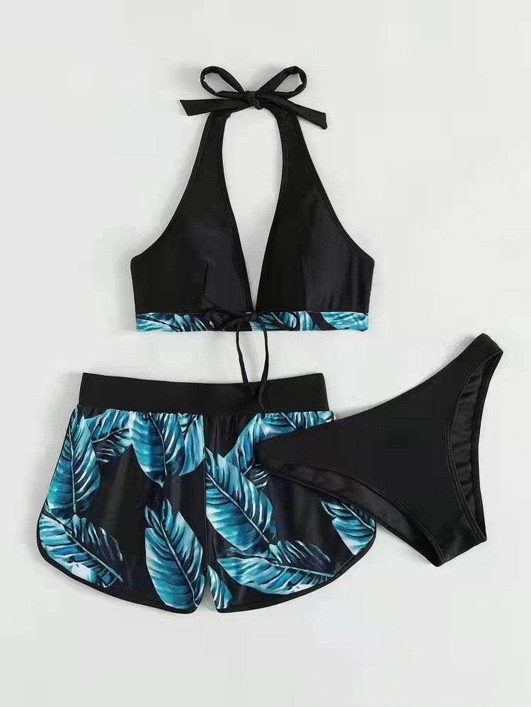 3pcs Leaf Print Bikini With Shorts Fashion Summer Beach Swimsuit Womens Clothing - EX-STOCK CANADA