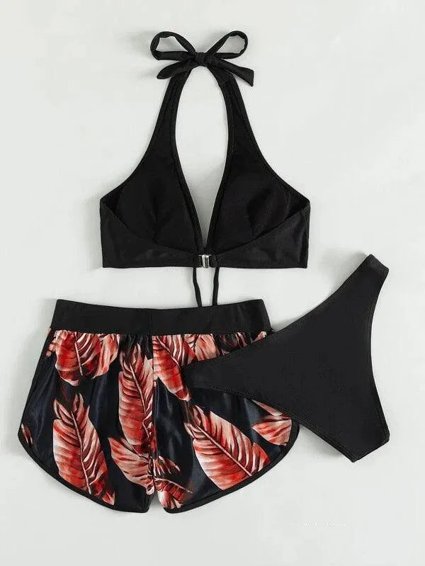 3pcs Leaf Print Bikini With Shorts Fashion Summer Beach Swimsuit Womens Clothing - EX-STOCK CANADA