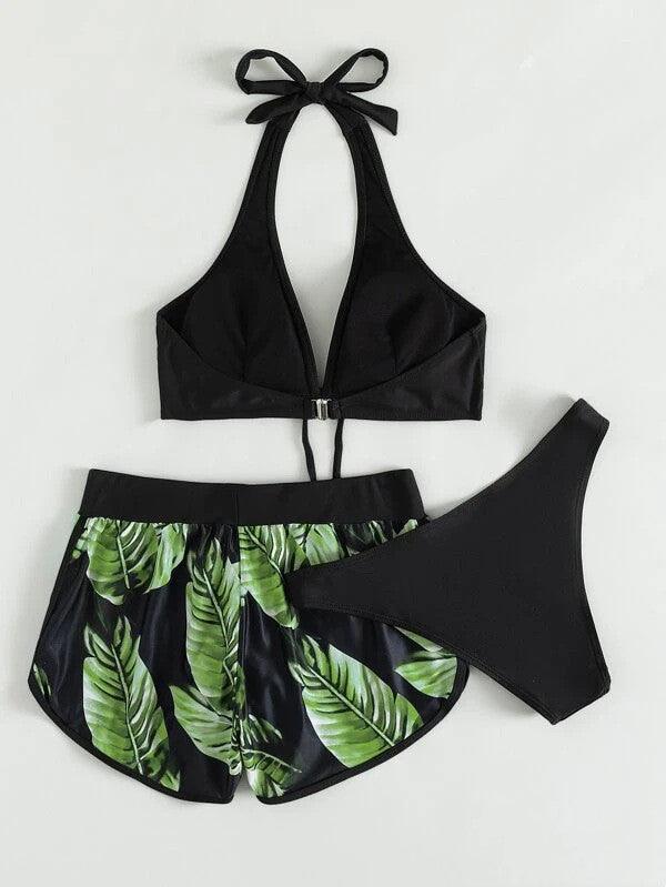 3pcs Leaf Print Bikini With Shorts Fashion Summer Beach Swimsuit Womens Clothing - EX-STOCK CANADA