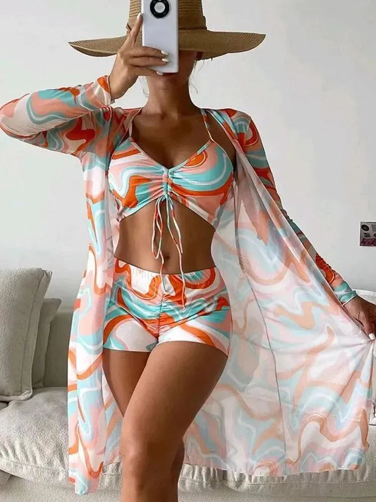 3pcs Pring Bikini With Long Sleeve Cardigan Fashion Summer Beach Swimsuit Women - EX-STOCK CANADA