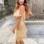 Elegant Chic Spaghetti Strap Luxury Tassel Sequins Feather Women’s Mini Dress for Evening Party, Cocktail Wedding Guest.