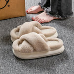 Women's Platform Fuzzy Home Slippers Winter Open Toe Criss-cross Solid Color Casual Floor Slides Indoor Flat Comfy House Shoes