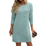 Casual New Solid Color Striped With Pockets Long Sleeve Loose Mini Dress Fashion Round Neck Straight Dress Women's Clothing