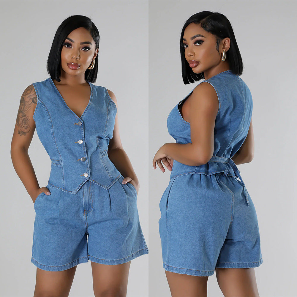 Fashion Casual Sleeveless High Waist Women's Denim Shorts Suit Denim 2 piece sets