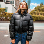 New Leather Puffer Cropped Jacket Warm Stand Collar Short Coat Y2K Cotton padded Jacket Women