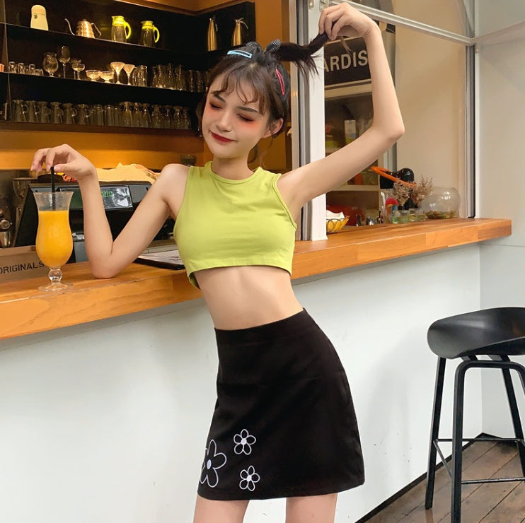 Summer New Korean Version Of The Wild Tooling Halter Vest Tops Women Flowers Embroidery A Word Skirt