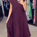 Short Sleeve Pleated Long Maxi  Dress Summer Round Neck Swing Dress Women's Clothing