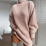 Winter Solid Knitted turtleneck sweater dress Mini