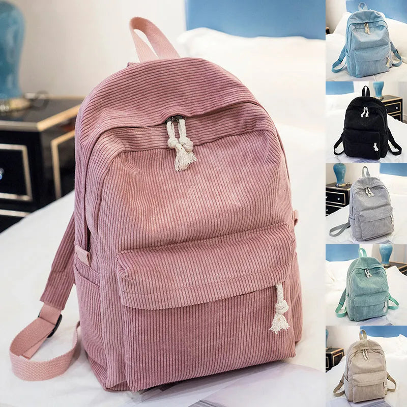 Corduroy Backpack Students Shoulder School Bags Bookbag