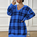 Fashion V-neck Plaid Dress Casual Loose Long-sleeved Dresses Autumn And Winter Women's Clothing