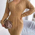 Solid Color V-Neck Long Sleeve Slim fit Winter Knit Mini  sweater Dress Slim