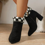 New Plaid Print Plush Ankle Boots Winter Fashion Square Heel Suede Boots Women Casual Versatile Shoes Autumn And Winter