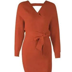 Autumn Winter Slim Fit V-neck Mini Wrap Sweater Dress