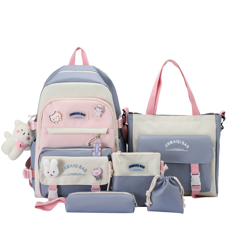 Girls Color Contrast Cute Large Capacity Backpack 5 piece School Bag set