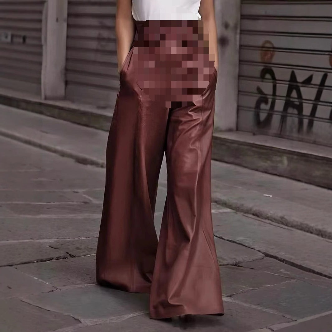 Fashion Leather High Waist Pocket Casual Trousers