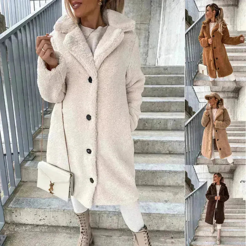 Compre la solapa de manga larga de las mujeres Feece Sherpa Button Long Winter Overcoat