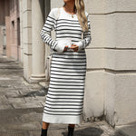 Slim Striped Printed Long Cashmere Dress  Autumn And Winter Long Sleeve Dresses For Women