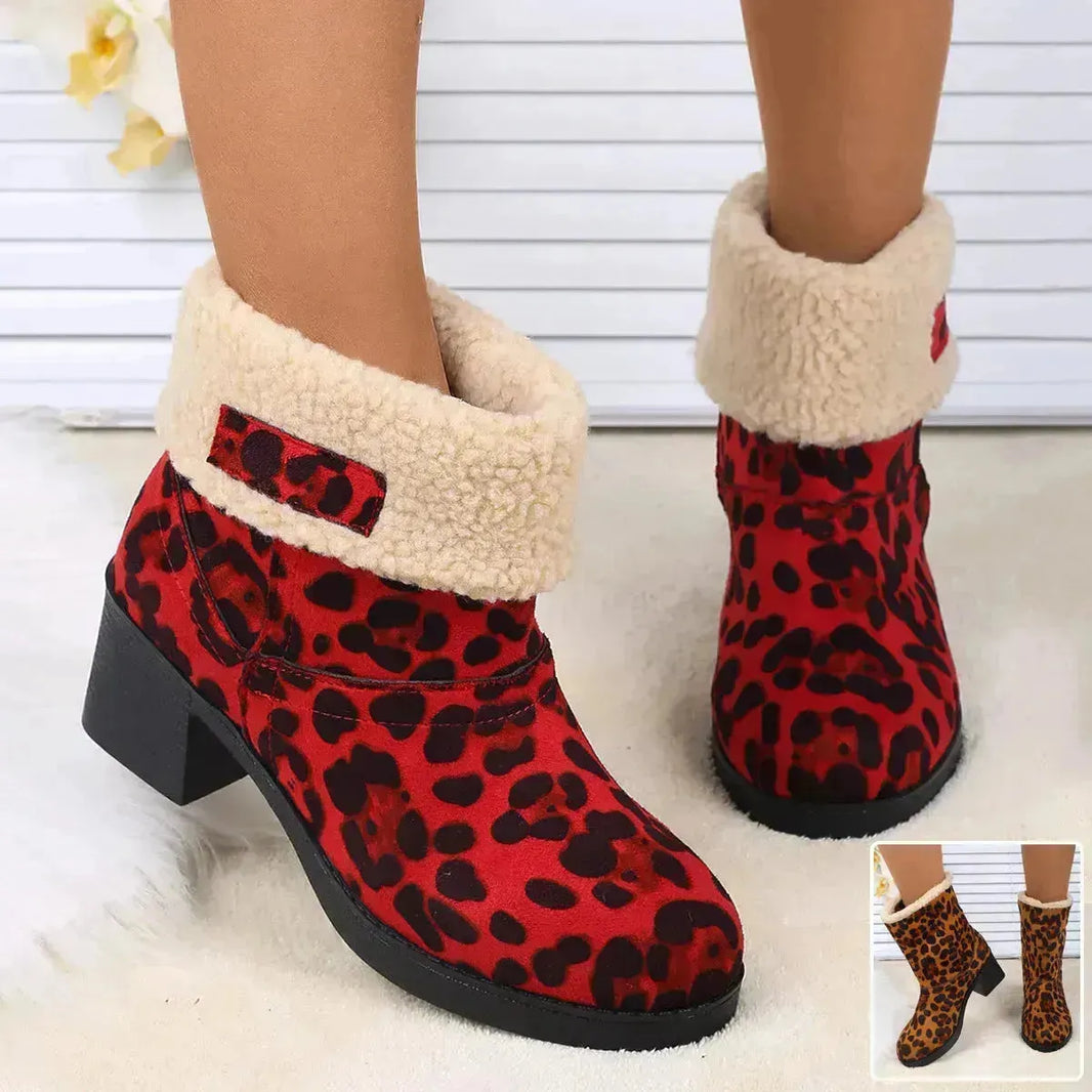 Nuevas botas de leopardo de leopardo plegable Boots invernal de tacones cuadrados de vellón grueso para mujeres zapatos de algodón redondos