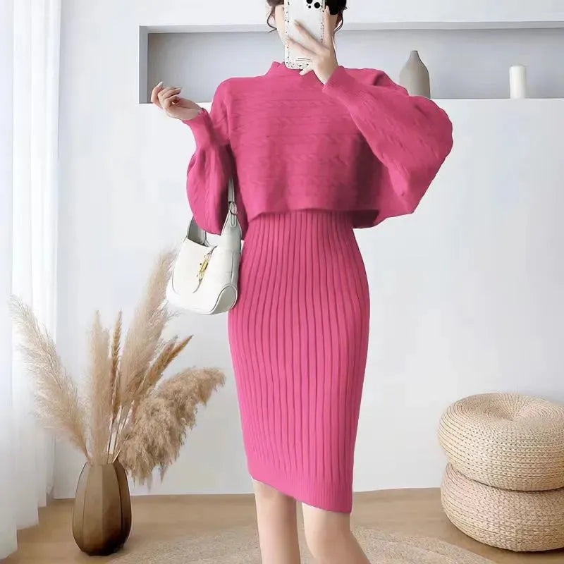 Autumn Winter Sassy Woolen Knitted Two Piece Midi Sweater Dress