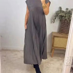 Short Sleeve Pleated Long Maxi  Dress Summer Round Neck Swing Dress Women's Clothing