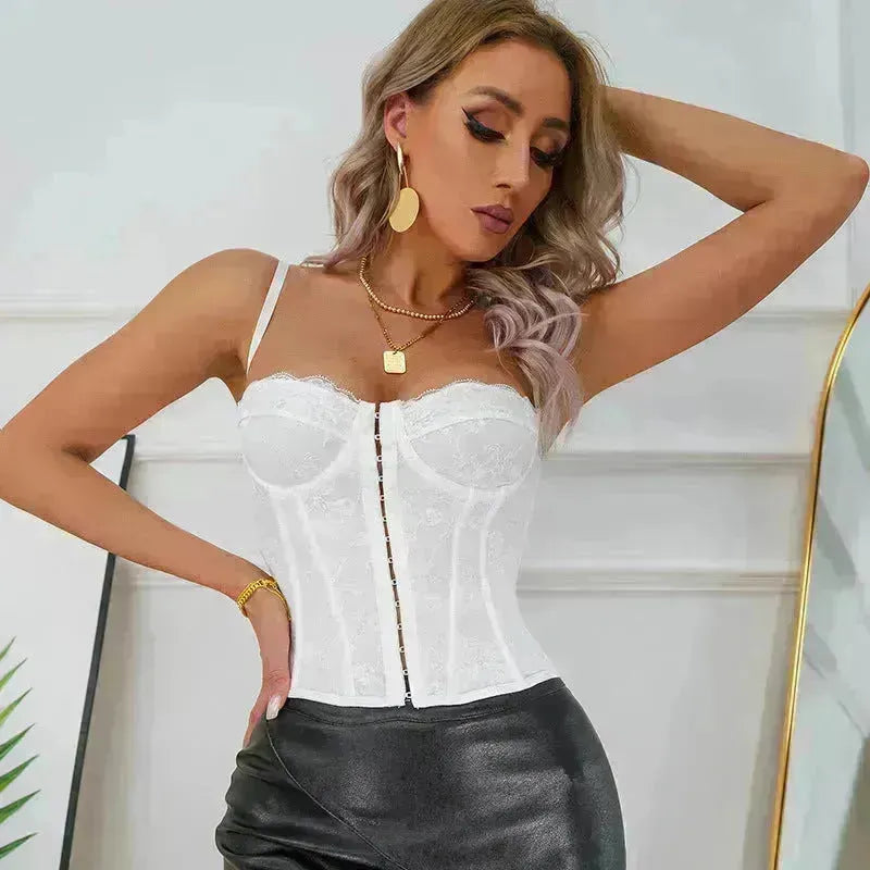 Frauen Spaghetti-Riemen Top Fischknochenbein Stahlring Brust umwickeltes Backless Korsett Oberteil für Frauen Camisole Top