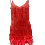 Elegant Chic Spaghetti Strap Luxury Tassel Sequins Feather Women’s Mini Dress for Evening Party, Cocktail Wedding Guest.