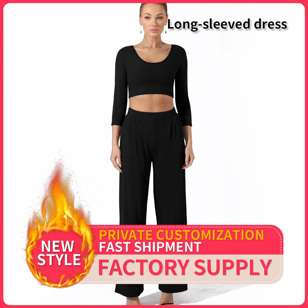 Women Fashion Casual Matching 2pcs set Long Sleeve Crop top and Pant set