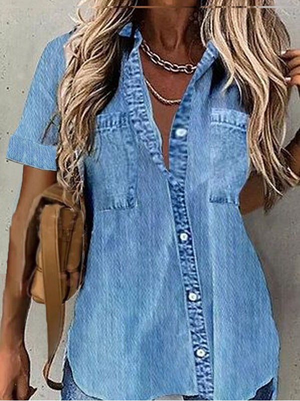 Best Women Loose Denim-like Printed Short-sleeved Shirt Jeans Denim Shirt dress Denim Top dress