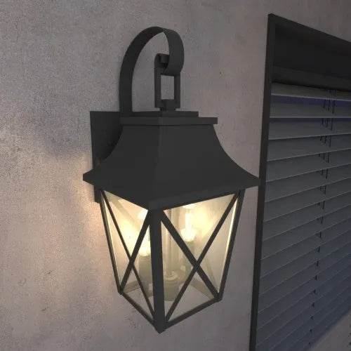 Luz de pared al aire libre negra 2 luces, grandes accesorios modernos de pared al aire libre, luz de la luz del porche industrial montado con vidrio, iluminación de luz exterior de casa de granja impermeable