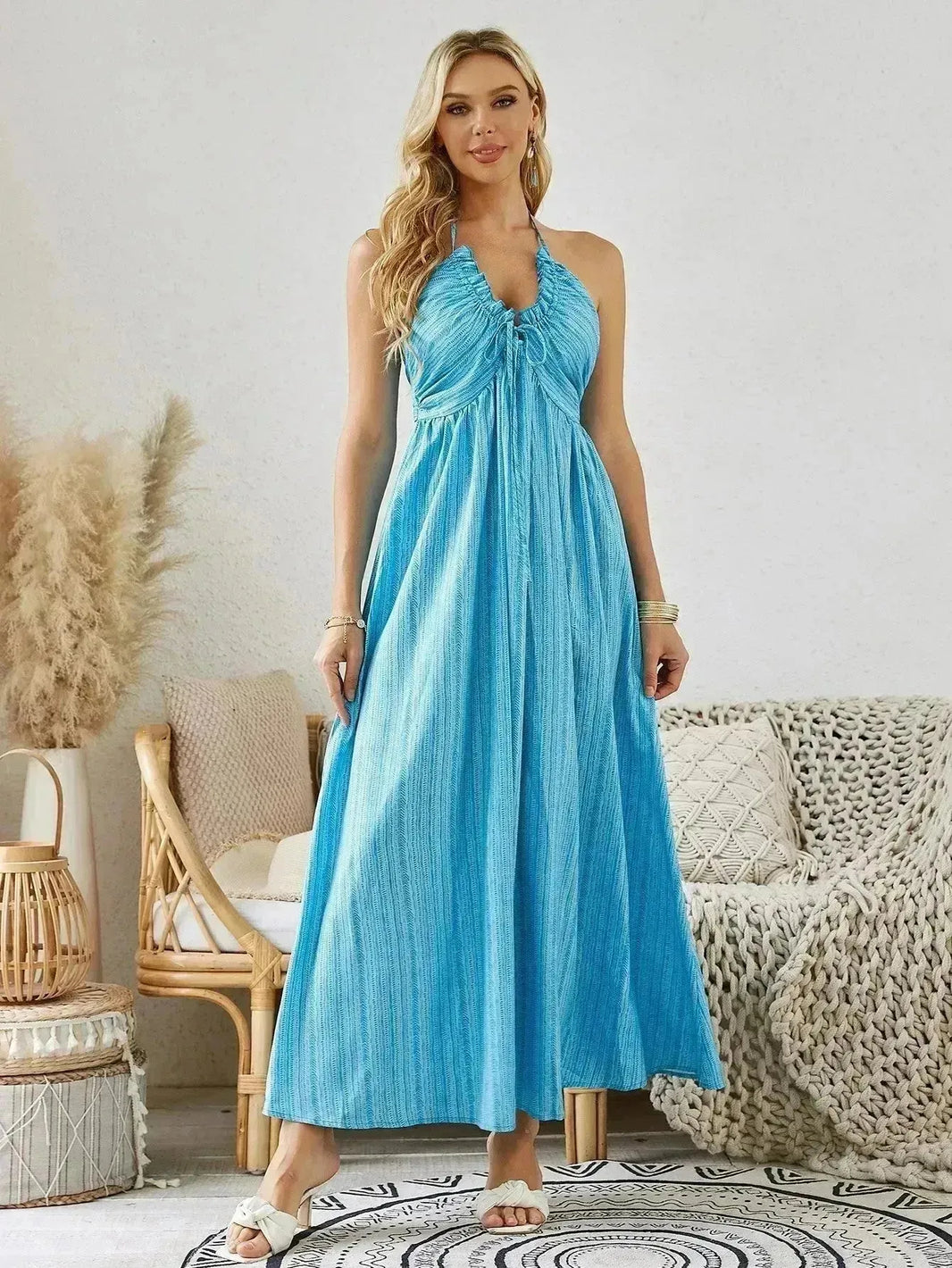 Vestido bohemio halter maxi - vestido de playa sin mangas sin mangas de verano para mujeres