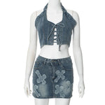 Chic Denim 2 piece Denim Skirt set Jean 2 piece set for Women Sleeveless crop top and Skirt