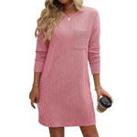 Casual New Solid Color Striped With Pockets Long Sleeve Loose Mini Dress Fashion Round Neck Straight Dress Women's Clothing