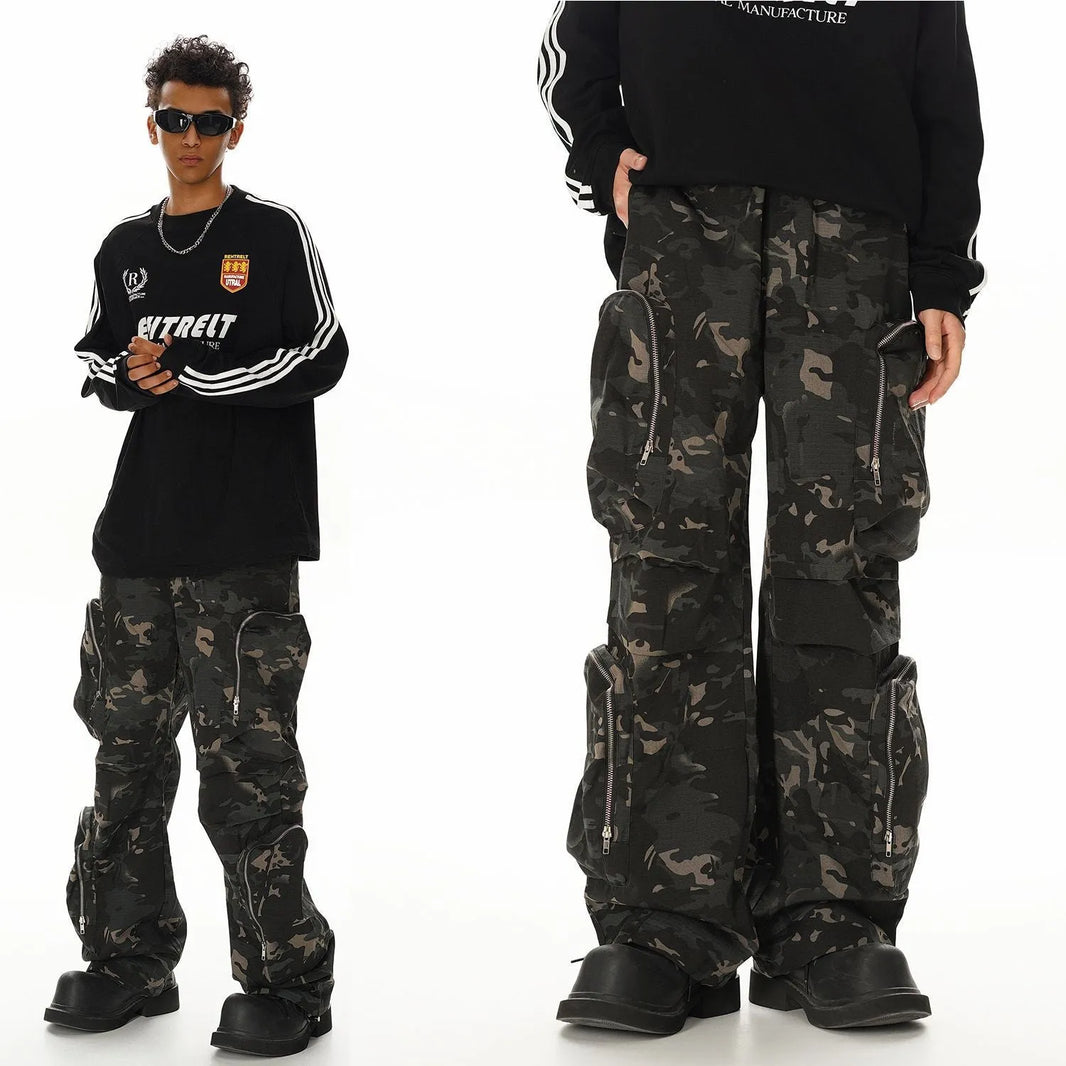 New American Jungle Camouflage Amekaji Multi-pocket Design Casual Wide-leg Workwear Cargo Trousers Pant