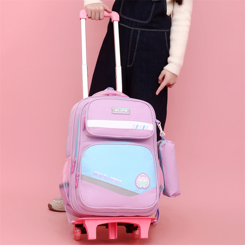Portable Burden Alleviation Bull Wheel Trolley Schoolbag Bookbag for Boy and Girl