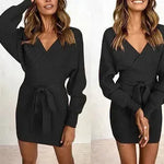 Autumn Winter Slim Fit V-neck Mini Wrap Sweater Dress