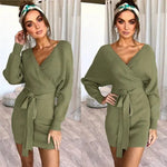 Autumn Winter Slim Fit V-neck Mini Wrap Sweater Dress