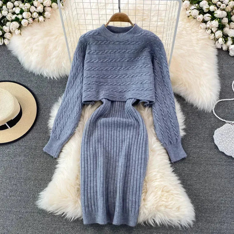 Autumn Winter Sassy Woolen Knitted Two Piece Midi Sweater Dress