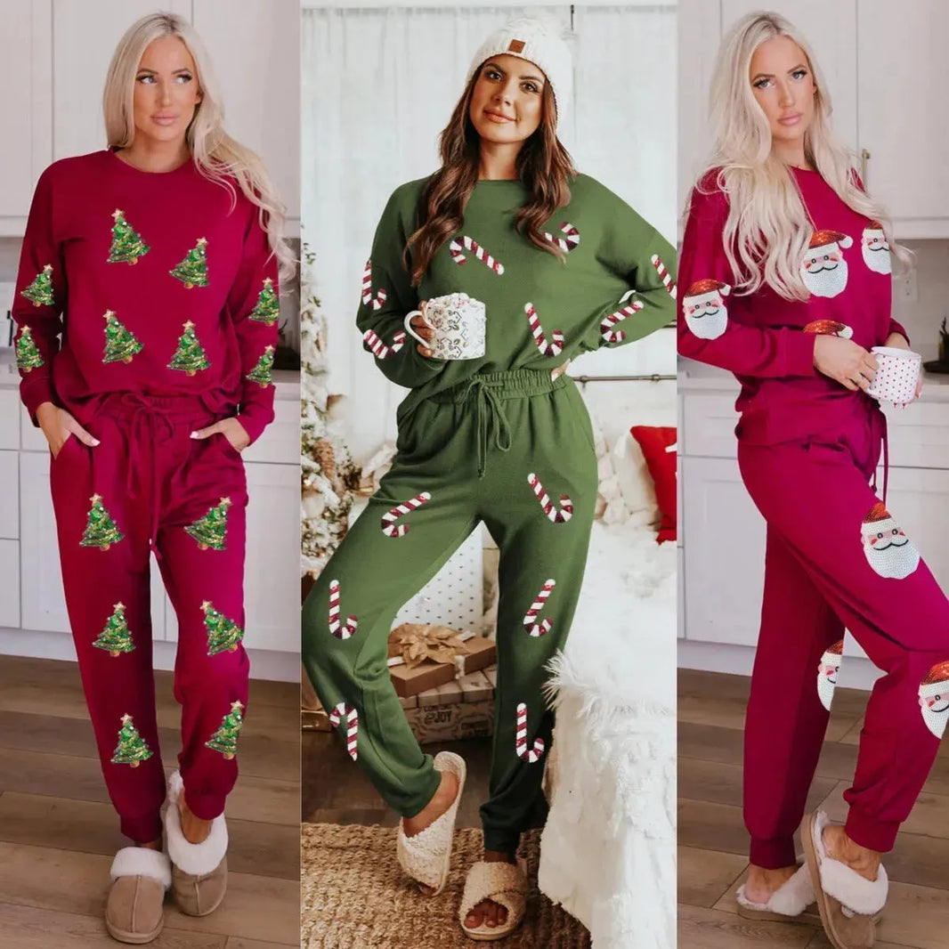 Women's Christmas sweatsuit Sequins Long Sleeve Pants Two-piece Set Fashion Casual Set