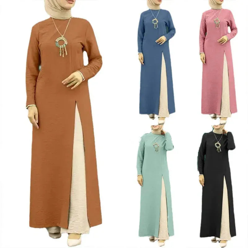 Muslim Women Plain Split Long sleeve Abaya Dress