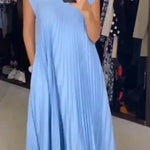 Short Sleeve Pleated Long Maxi  Dress Summer Round Neck Swing Dress Women's Clothing