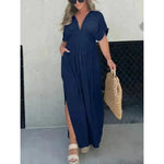 Fashion Bat-sleeved V-neck Slit Dress Summer Beach Short Sleeve Elastic Waist Split Long Dresses Womens Clothing