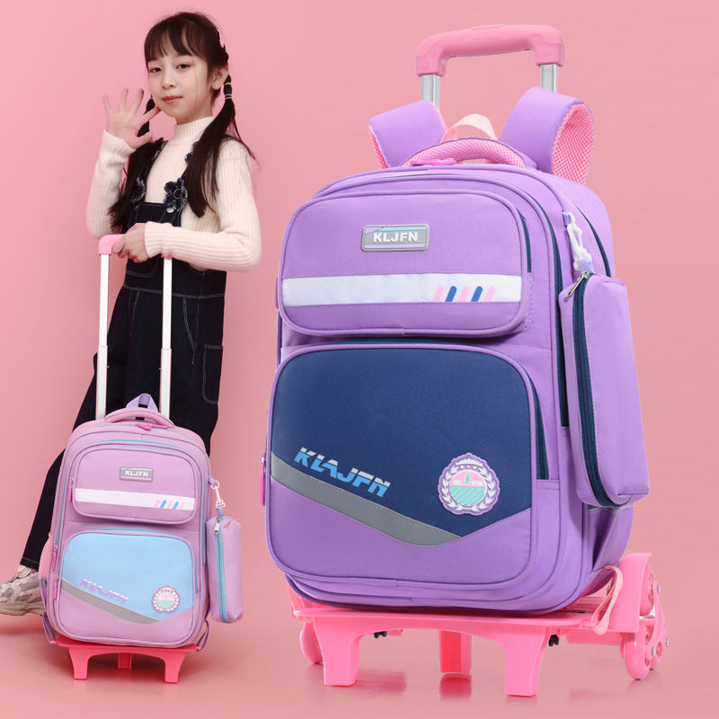 Portable Burden Alleviation Bull Wheel Trolley Schoolbag Bookbag for Boy and Girl