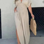 Fashion Bat-sleeved V-neck Slit Dress Summer Beach Short Sleeve Elastic Waist Split Long Dresses Womens Clothing