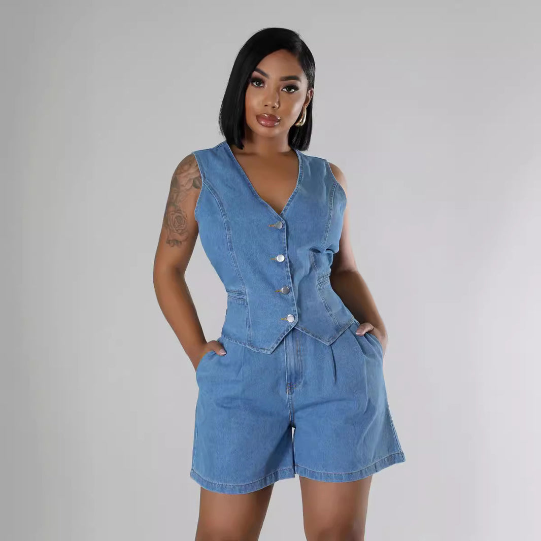 Fashion Casual Sleeveless High Waist Women's Denim Shorts Suit Denim 2 piece sets